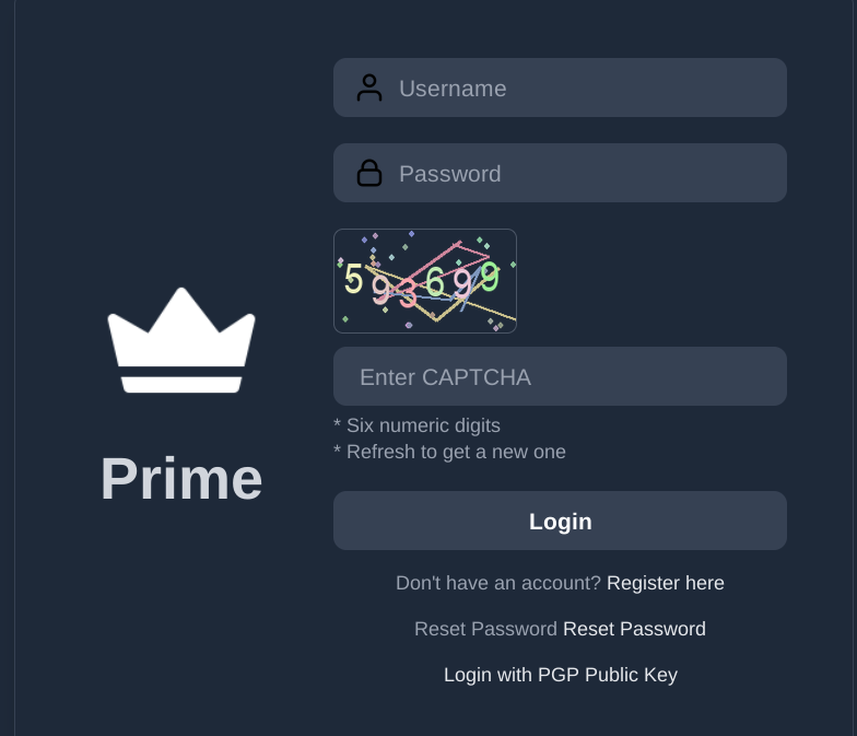 Prime Market secure login interface with CAPTCHA verification